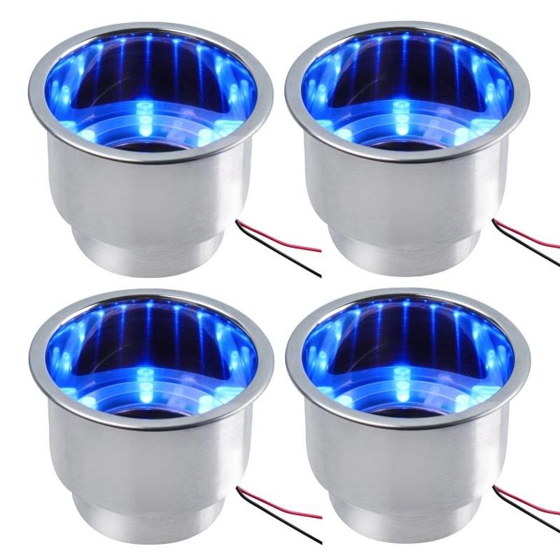 Pebbly Beach Boat Cup Holders LED 4 PCS, Marine Cup Holders for Boats, Stainless Steel Cup Holder Insert, 4" OD x 3-1/8" D, Spill-Proof & Night Mood Lighting for Boats, RVs, Trucks(Elegant Blue) - Image 1